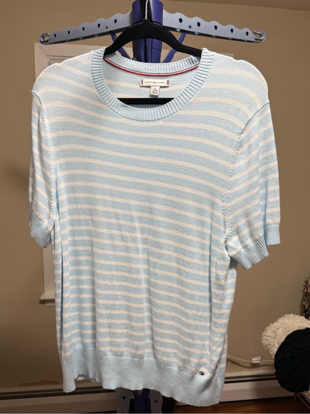 Tommy Hilfiger Size XL Pale Blue & White Striped Short Sleeve Sweater